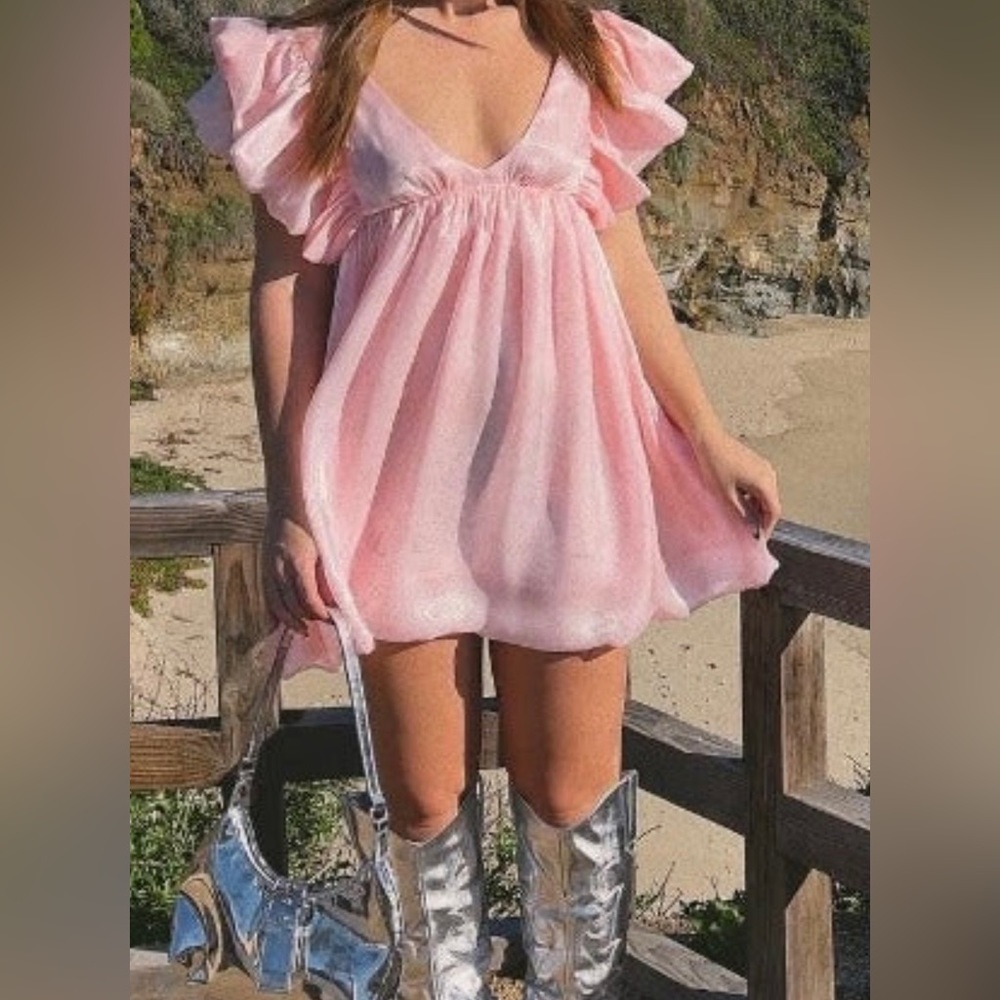 Shimmery Pastel Pink Babydoll Mini Dress